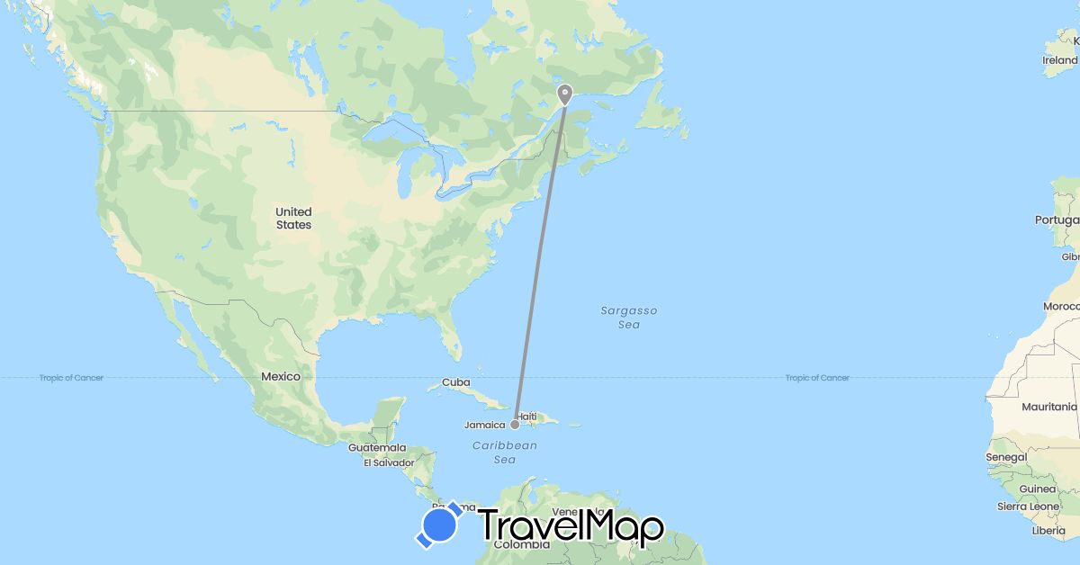 TravelMap itinerary: driving, plane in Canada, Haiti (North America)